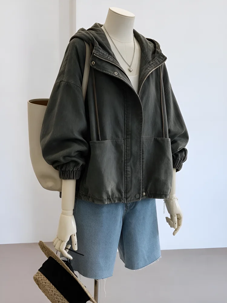 Retro Washed Loose Women's Jacket Design Spring New Arrival Short Coat Cotton Commute Style Zipper Decoration Regular Sleeve