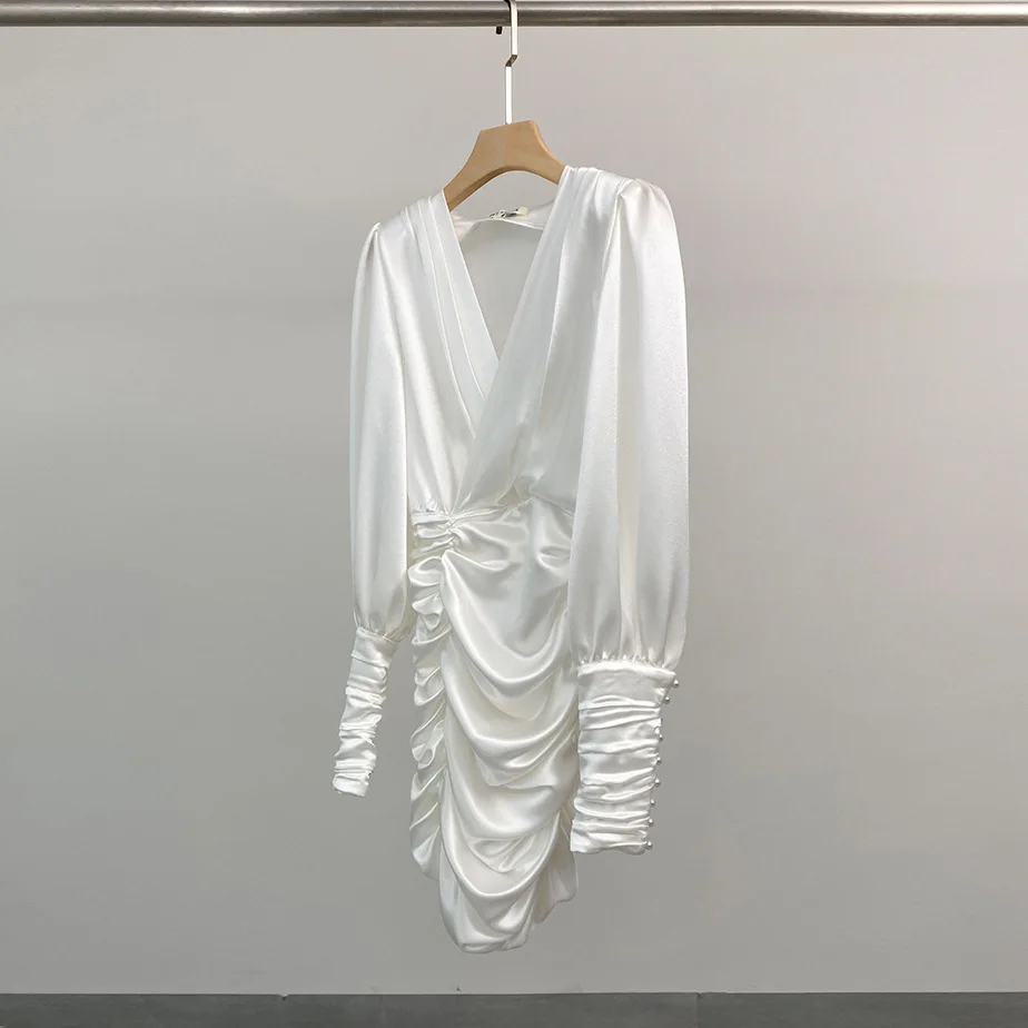 高品質ホワイトサテンシャツワンピース 春 レディース ランタンスリーブ Vネック スリムワンピース 秋 ハイウエスト ストレート フォールド ミニワンピース