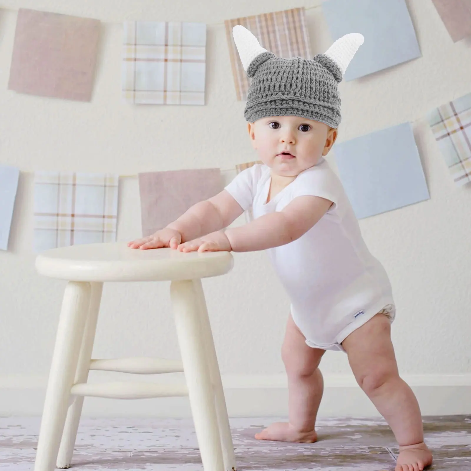 

Детская шапка с рогом быка, детская зимняя шерстяная шапка, теплая вязанная крючком шапочка, эластичный толстый материал, уютная очаровательная серая прочная детская шапка