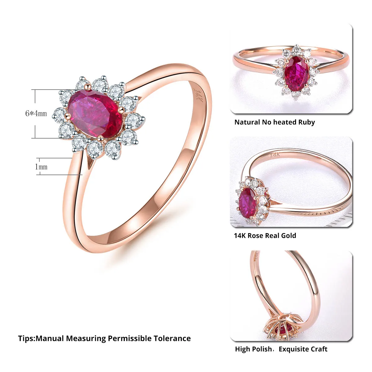 Lohaspie 14K Rose Gold Natural No Heated Ruby & Diamonds Ring 0.476 Carats Genuine Gemstone Sun Flower Shaped Fine Jewelry