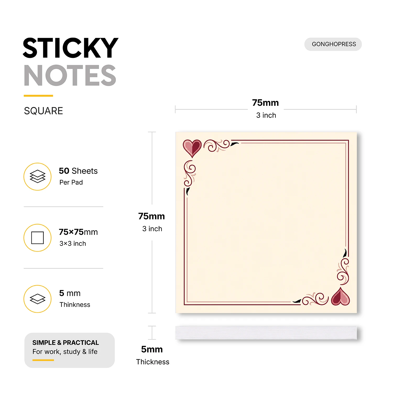 2pcs Heart Sticky Notes, Love Theme Self Stick Memo Pads, 100 Sheets Total, Cute Vintage Notepad, Removable Adhesive Notes for