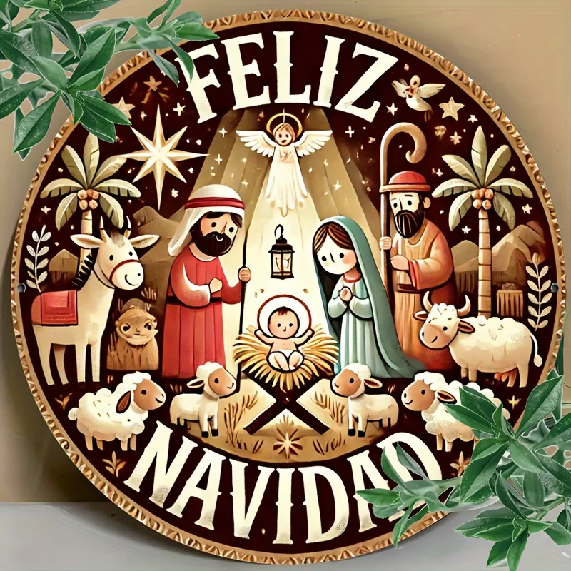 1 Stück Feliz Navidad Weihnachts-Metallwandkunstschild – 20,3 cm rundes Aluminium-Blechschild mit traditioneller Krippe, wasserdicht und F