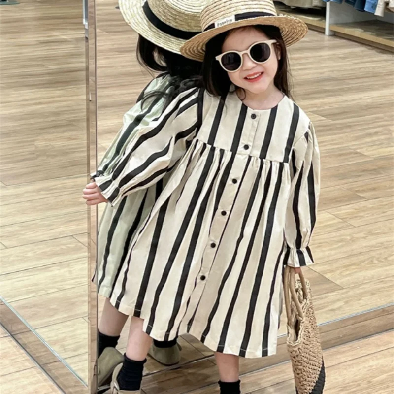 

Girl Dress Kids Baby Party Evening Gown Cotton 2025 Stripe Spring Autumn Outwear Garden Flower Girl Dress Children Clothing