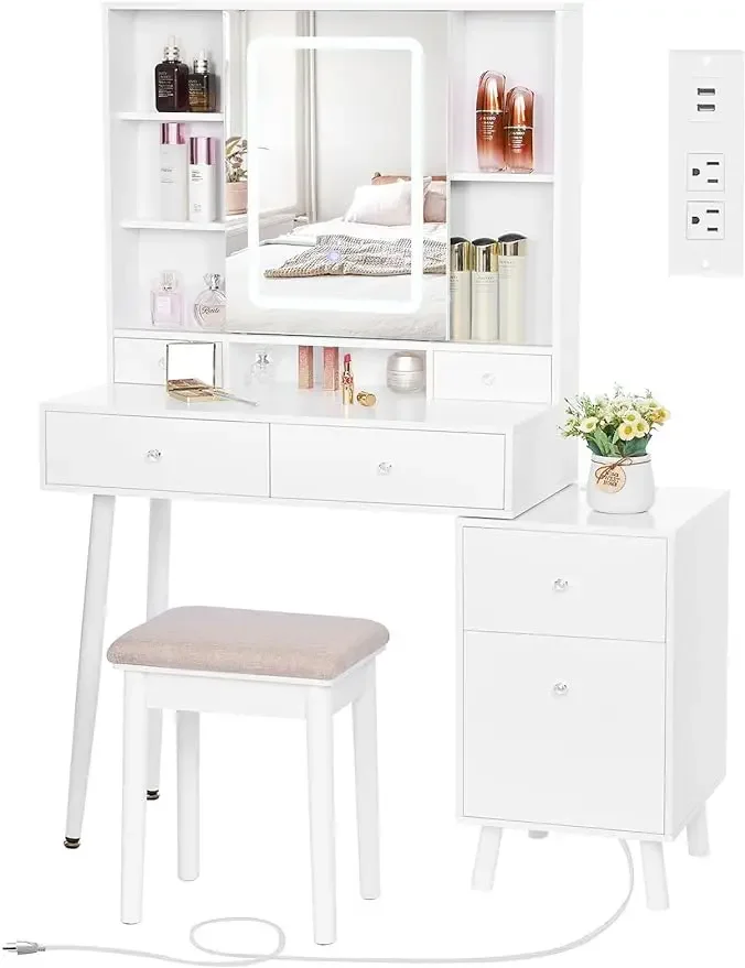 

White Vanity Desk with Charging Station & Nightstand, Makeup Desk Makeup Vanity with Lights with 3 Colors Modes, Sliding Mirror