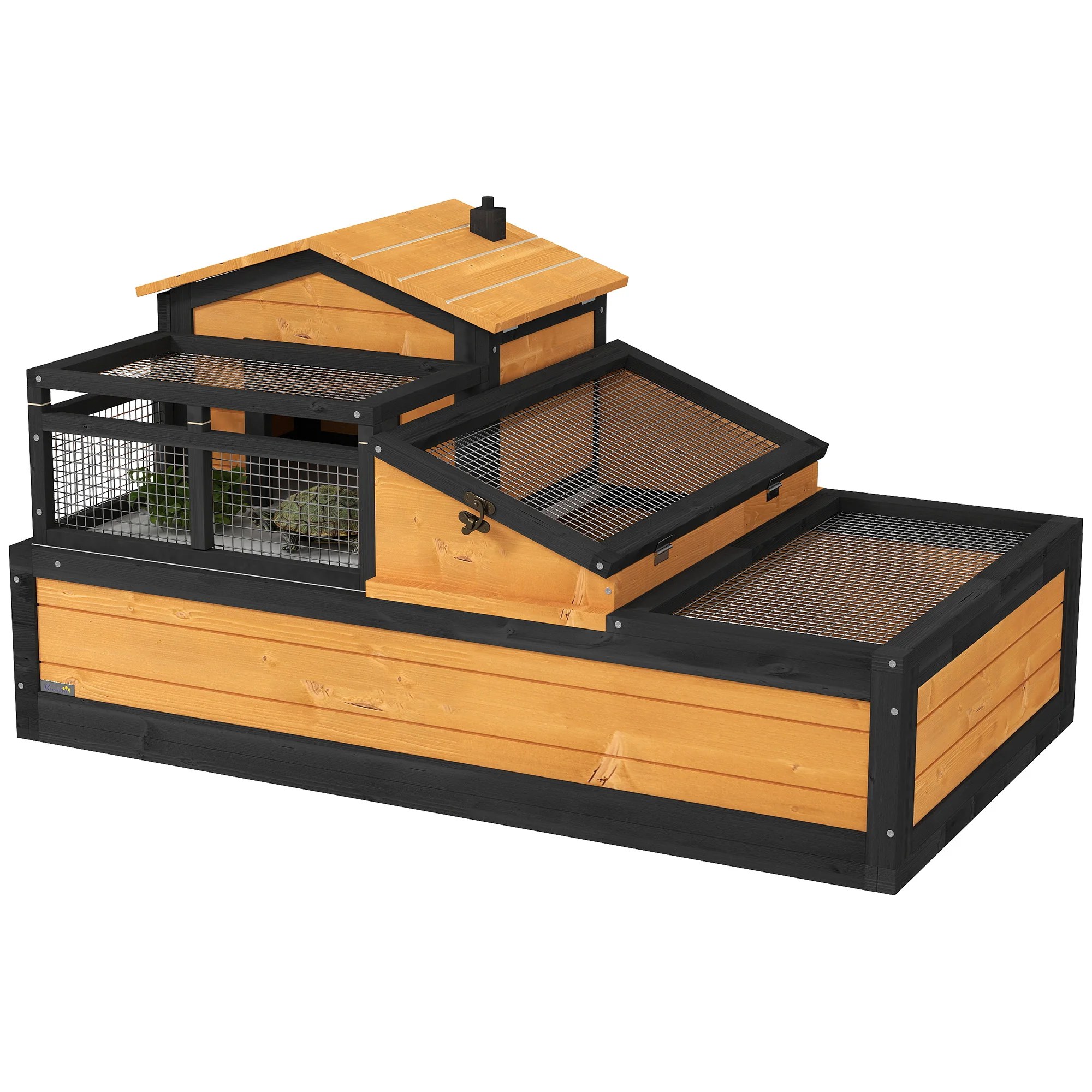 PawHut Casetta per tartarughe in legno, recinto per tartarughe a due livelli, balcone
