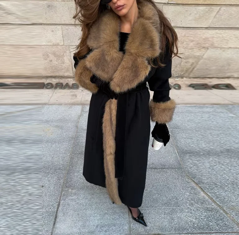 

Elegant Winter Faux Fur Collar Long Coat Luxury Lace Up V-Neck Patchwork Warm Overcoat 2025 Women Fashion New Street Outerwear