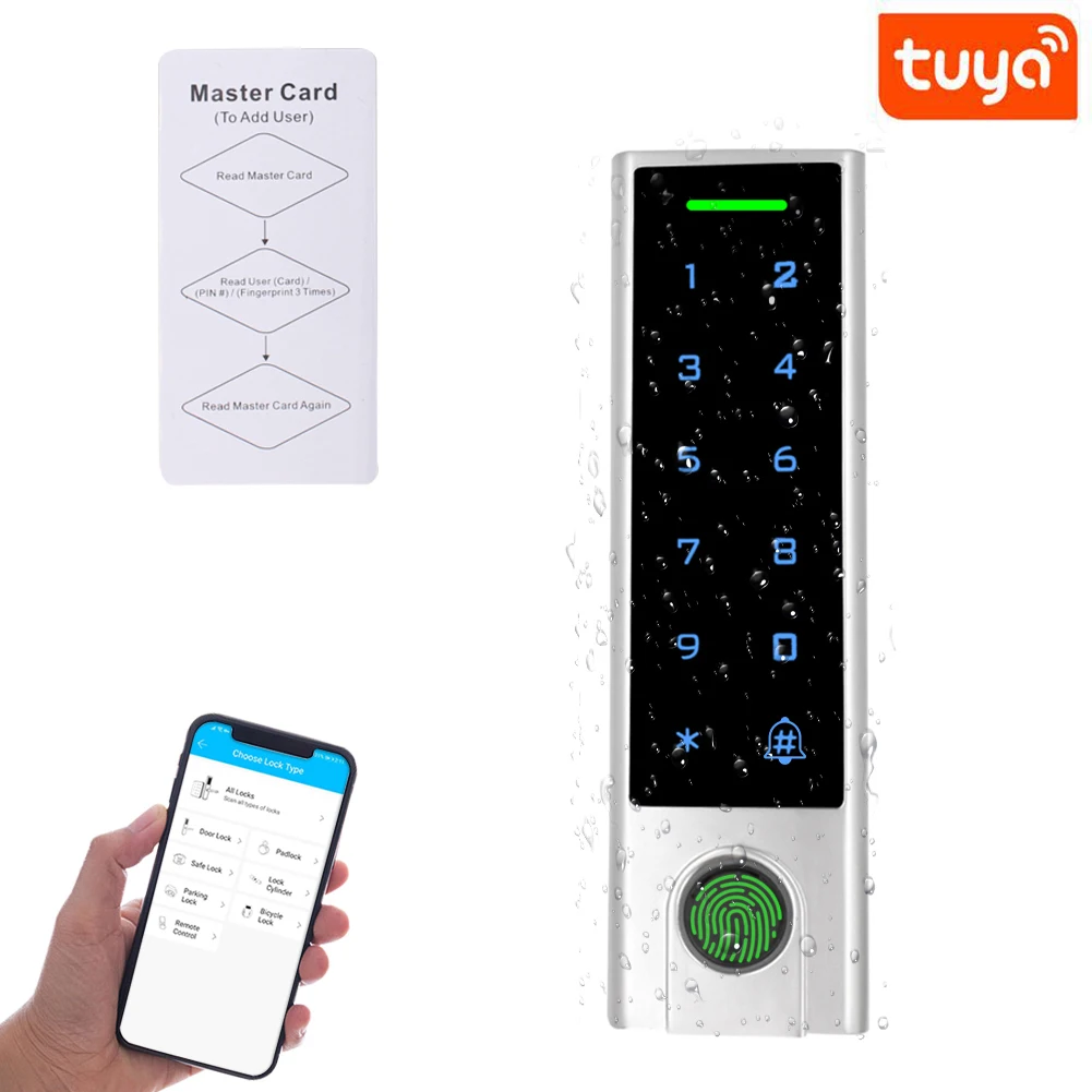 Tuya app controle de acesso por impressão digital standalone keypads 125khz rfid leitor fechadura da porta teclado à prova dwifi água wi fi remoto