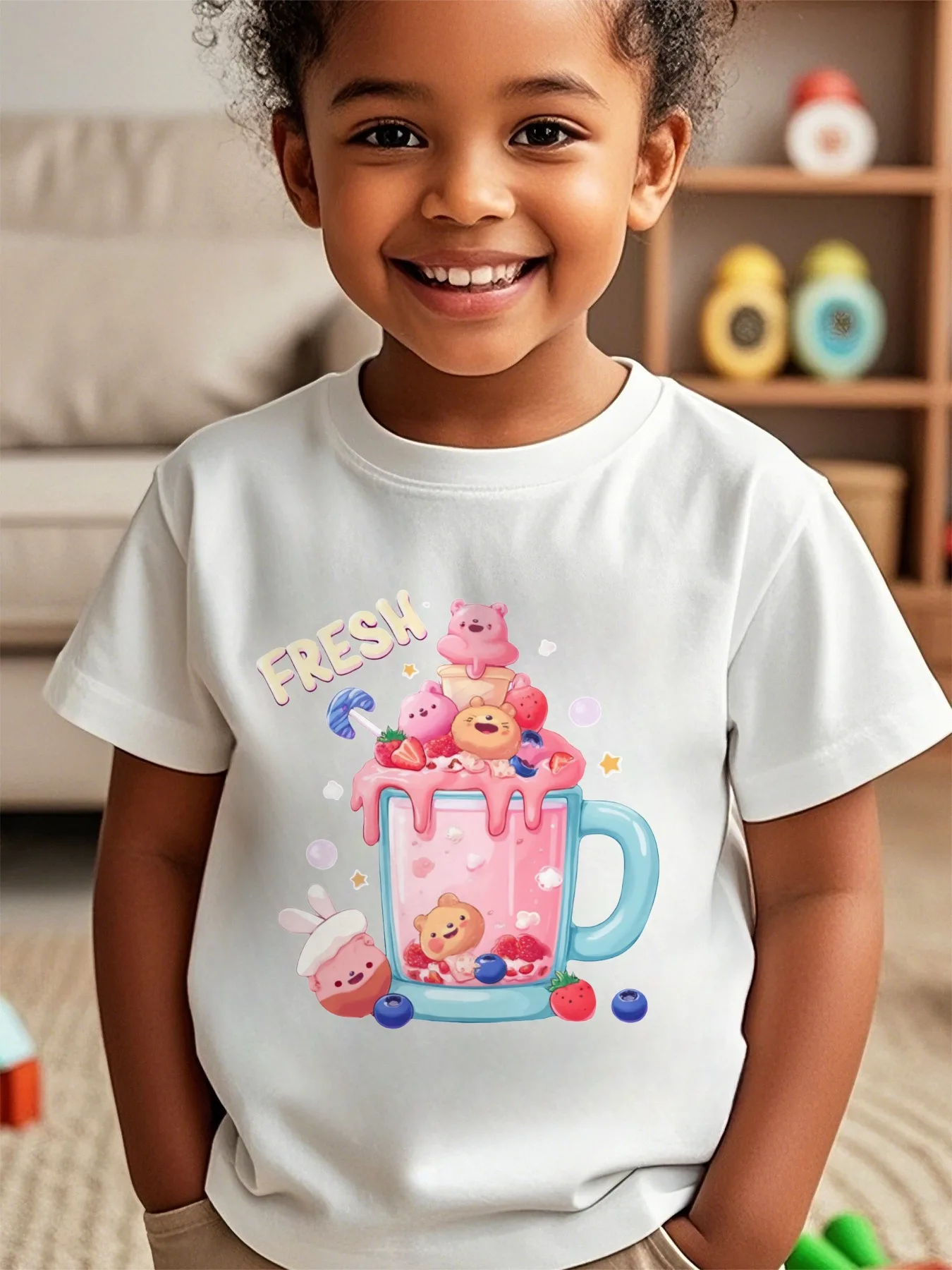 Bear Drink & Letter Print Short-Sleeved T-Shirt Casual Cute Style for Summer Daily Wear And Going out