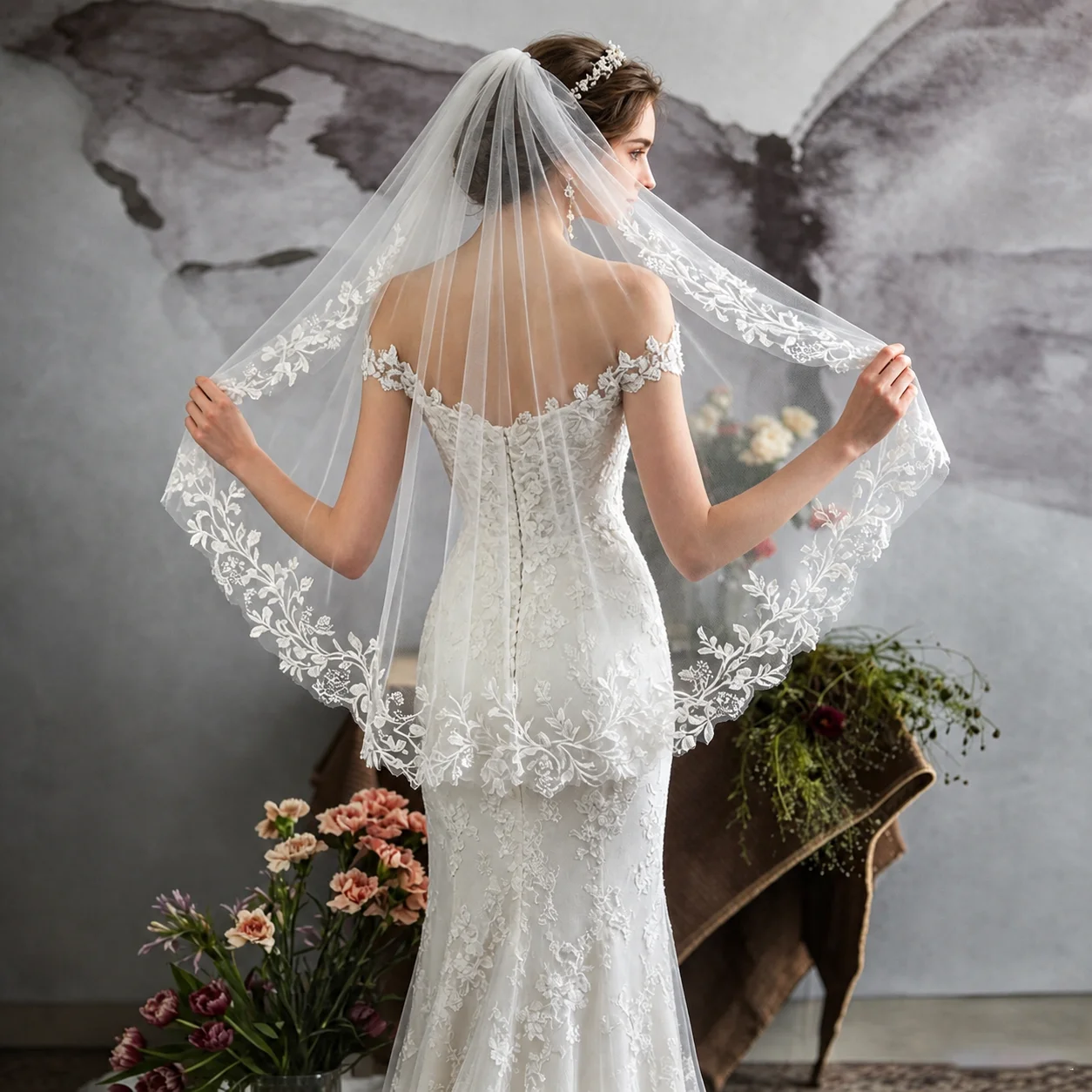 Elegant Leaf Vine Lace Wedding Veil Women Soft Tulle Embroidered Long Cathedral Bridal Veil for Chateau Garden Wedding G215