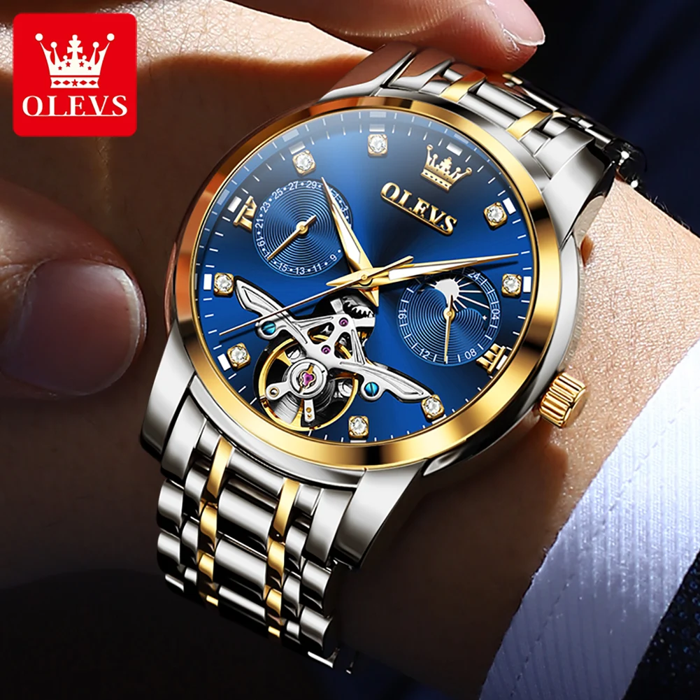 OLEVS 6703 New Moon Phase Mechanical Watch For Men Hollow Flywheel 42mm Big Dial Luxury Automatic Watches Waterproof Hand Clock