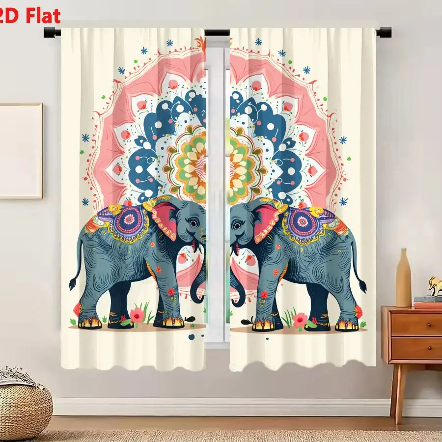 2Pcs Curtains 2D Flat Vibrant Symmetrical Elephants With Intertwined Trunks And Colorful Patterns Against Ornate Mandala Backgro
