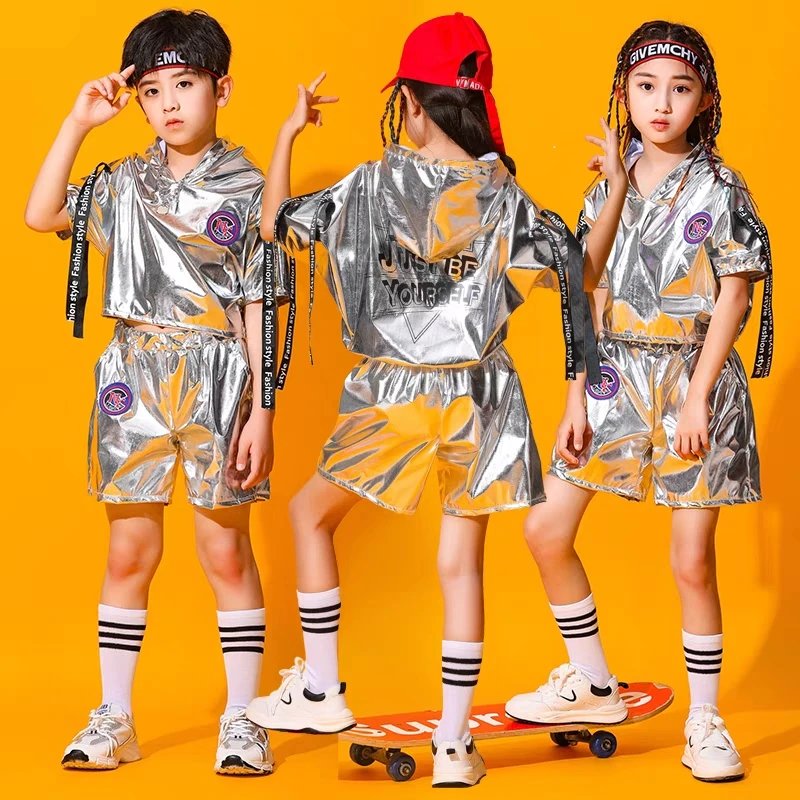 Hip Hop Boys Silver Jacket Girls Jazz Jogger Pants Street Dance Mini Skirt Clothes Sets Kids Sequin Costumes Child Streetwear