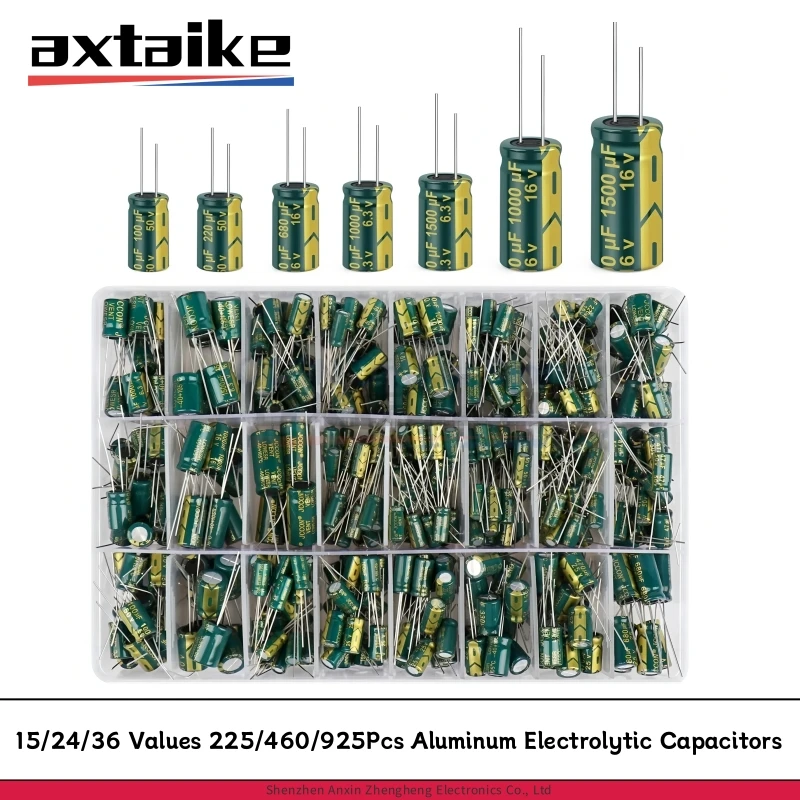 ชุดคัดสรรตัวเก็บประจุอิเล็กโทรไลต์อะลูมิเนียม 15/24/36 ค่า 225/460/925 ชิ้น 10/16/25/50/63V ตัวเก็บประจุอิเล็กโทรไลต์ 1uF-1500uF