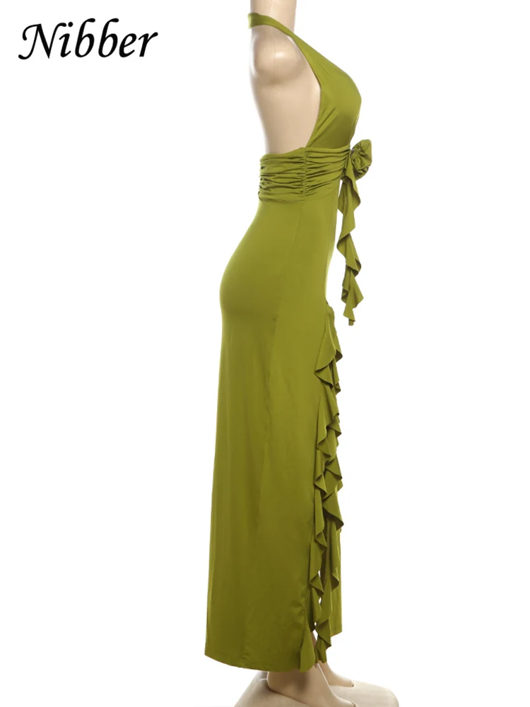 Nibber Appliques Tassel 원피스 여성 Y2K Halter Backless Split Sexy Ruched 우아한 여름 다시 Ruched Beach Holiday Maxi Bodycon