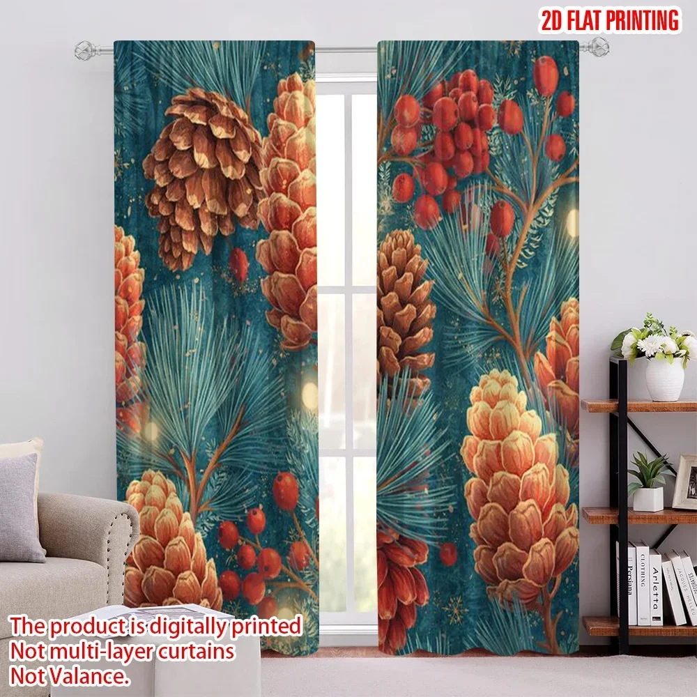 Luxury 2pcs Pine Cone Berry Curtains Blue Woodland Digital Print Window Treatment Curtains for Living Room Bedroom Decor