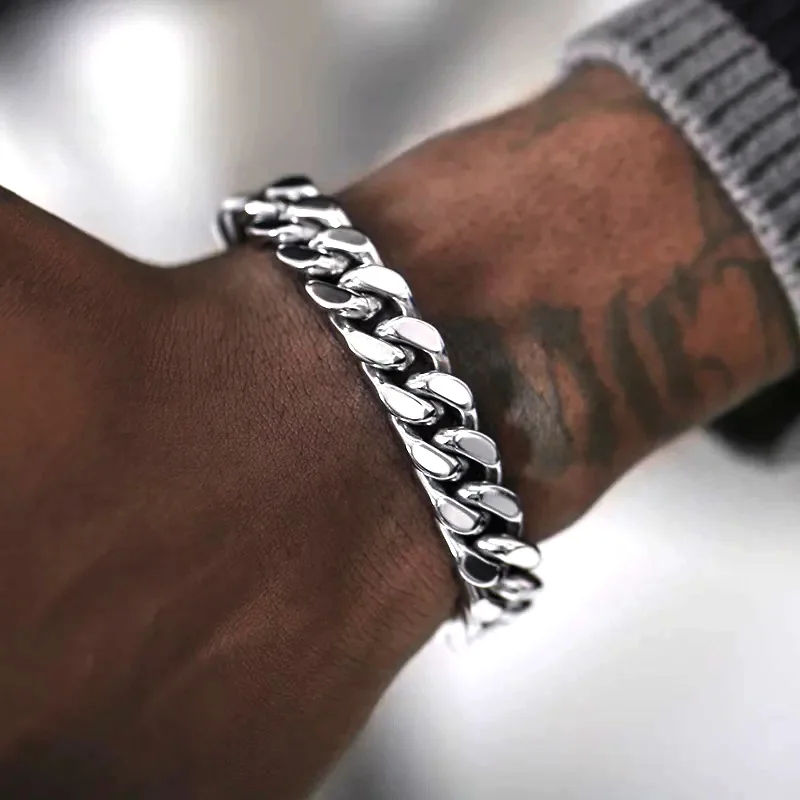 HNSP Stainless Steel Cuban Chain Bracelet For Men Punk Hand Chain Male Jewelry Accessories 8mm-14mm Wide