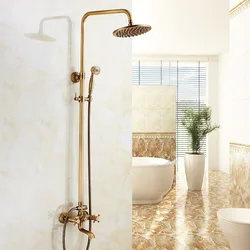 Brass Antique Bathroom Shower Faucet Set Wall Mount Dual Handle with Handshower Brass Bathroom Shower Mixer Tap
