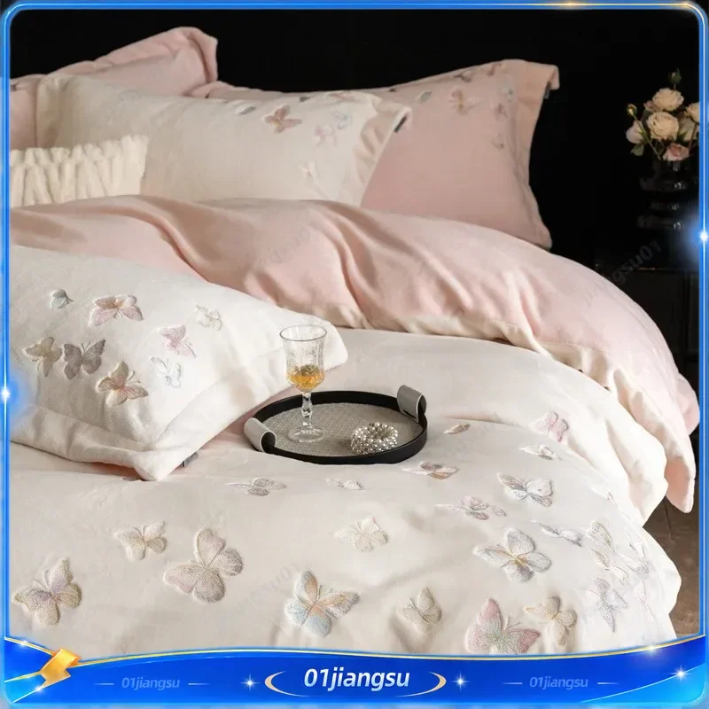 Class A Winter Thickened Milk Fleece 4 Piece Bedding Set 250g Double Sided Encrypted Coral Fleece Quilt Cover Sheet Warm Soft
