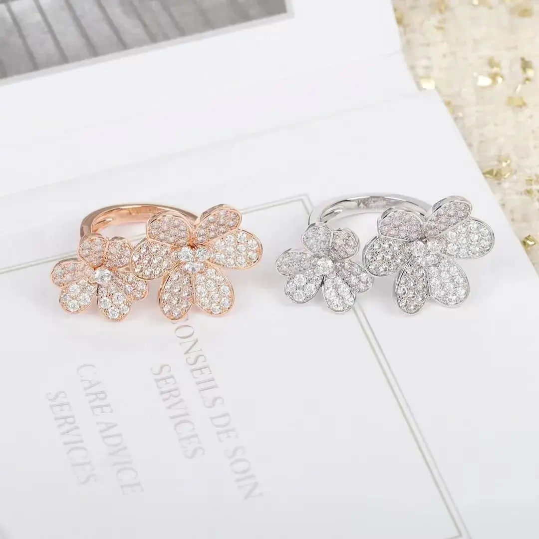 

New 2023 Anniversary Gift 925 Sliver Famous Brand Party Luxury Jewelry For Women Full Zicon Rose Gold Color Double Flowers Rings