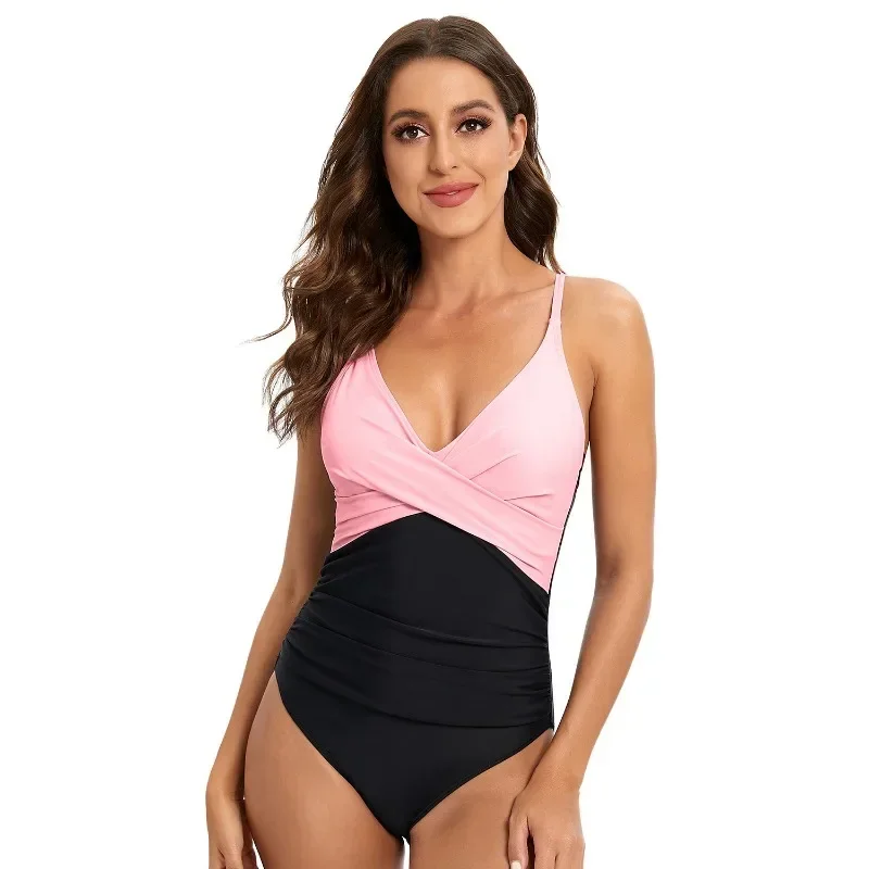 Fato de banho feminino listrado sem costas de uma peça, maiô sem mangas com decote em V profundo, maiô deslizante, pathwork body suits, verão, novo