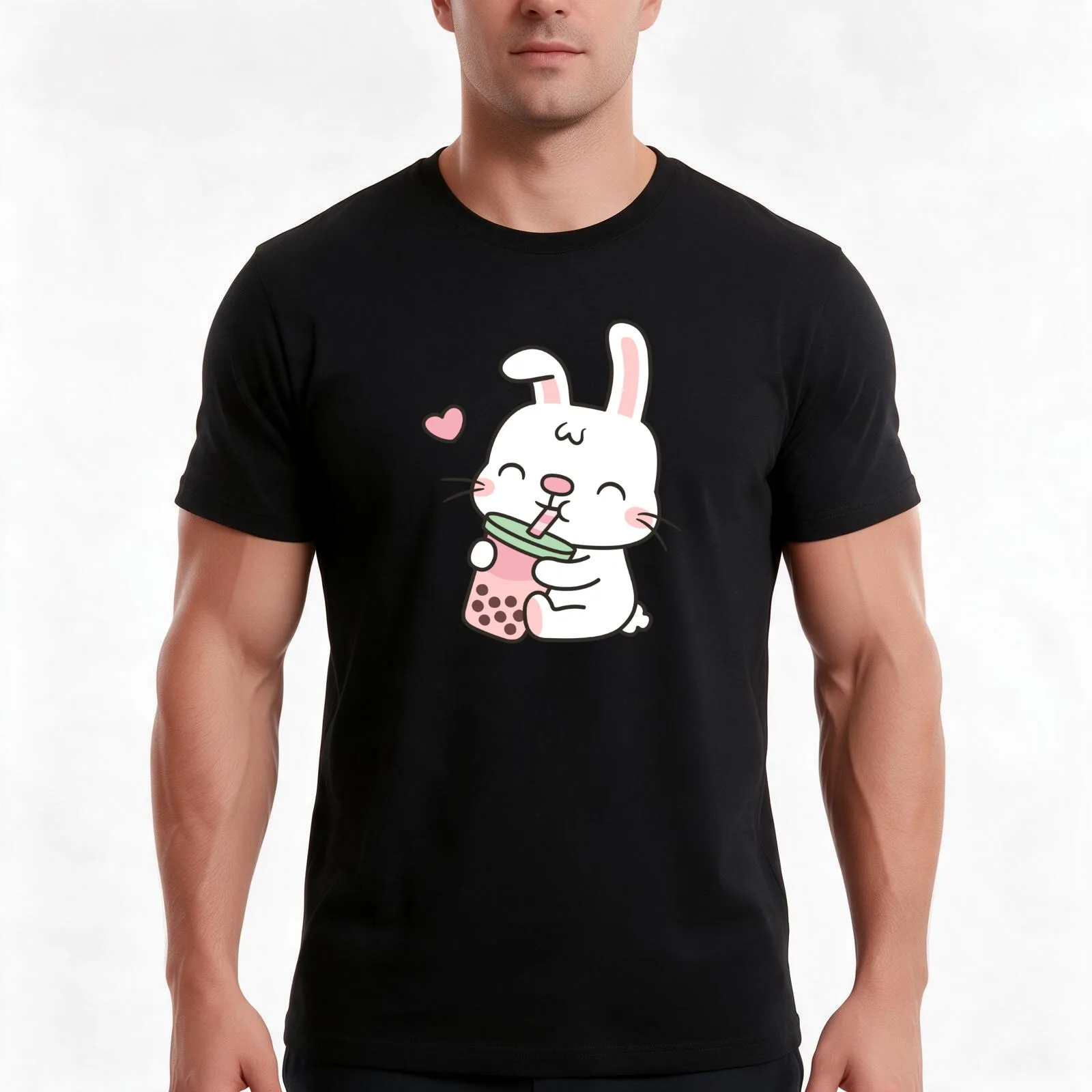 Cute Little White Bunny Enjoying Boba Tea T-Shirt, Summer Casual Cotton Tee, Oversized Streetwear Tops, Vintage Graphic Print