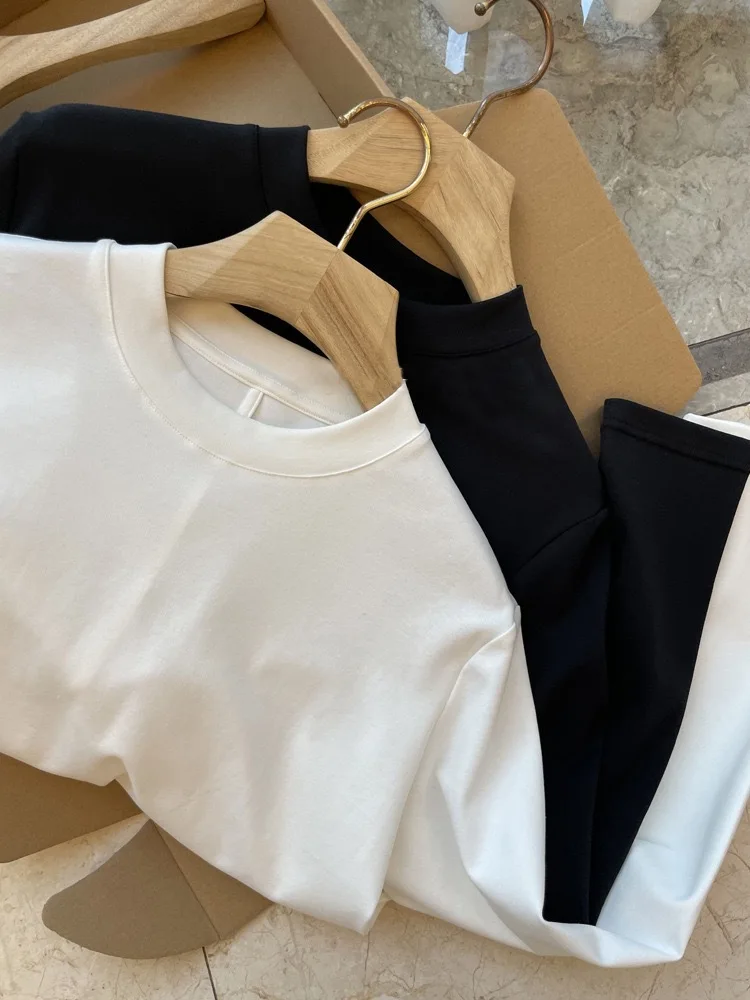 Minimalist  Color round Neck Long Sleeve T-Shirt Women's Back Center Stitch Pima Cotton Casual Fashion Korean Style