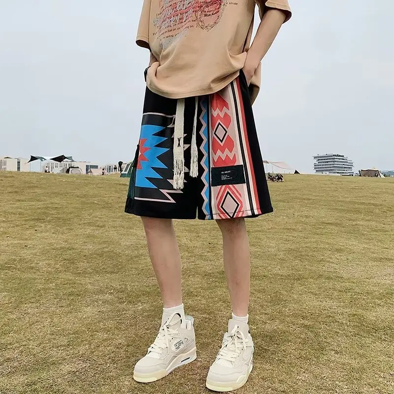 Shorts Men Retro Fashion Geometric Summer Knee-length Panelled Drawstring American Style Teenagers High Street Breathable Cozy