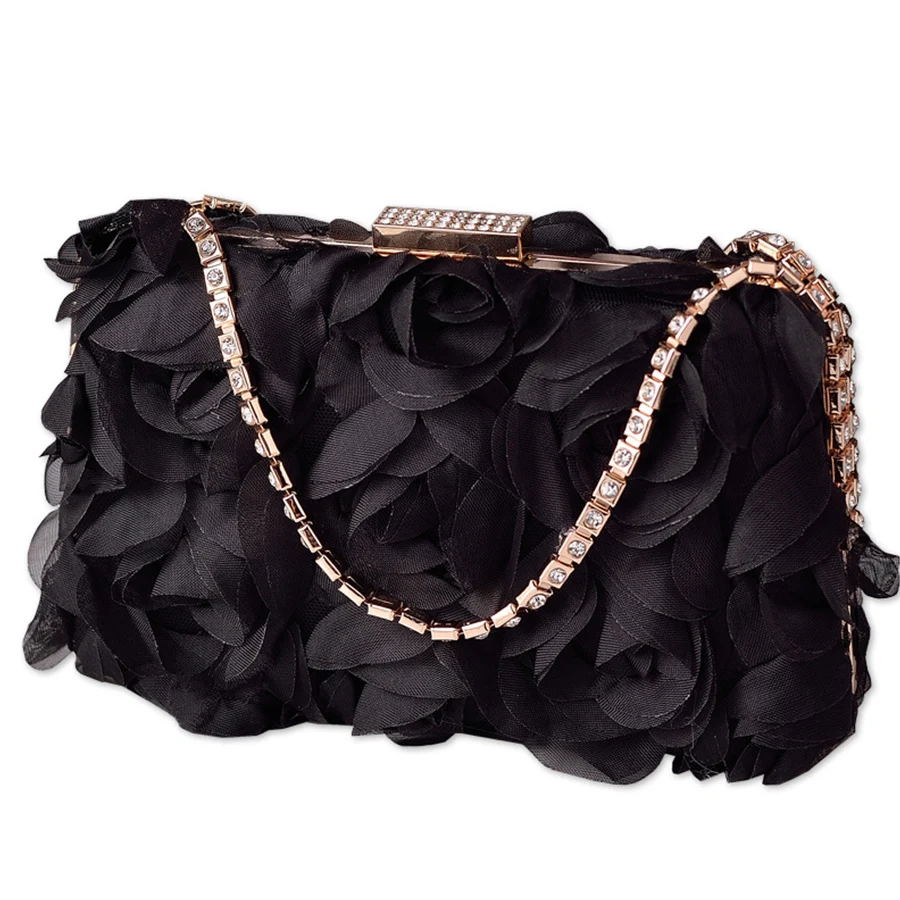 Fashion Box Chiffon Flower Dinner Clip Bag Summer Girl\'s Crystal Chains Small Square Shoulder Bag Flower Wedding Party Handbags