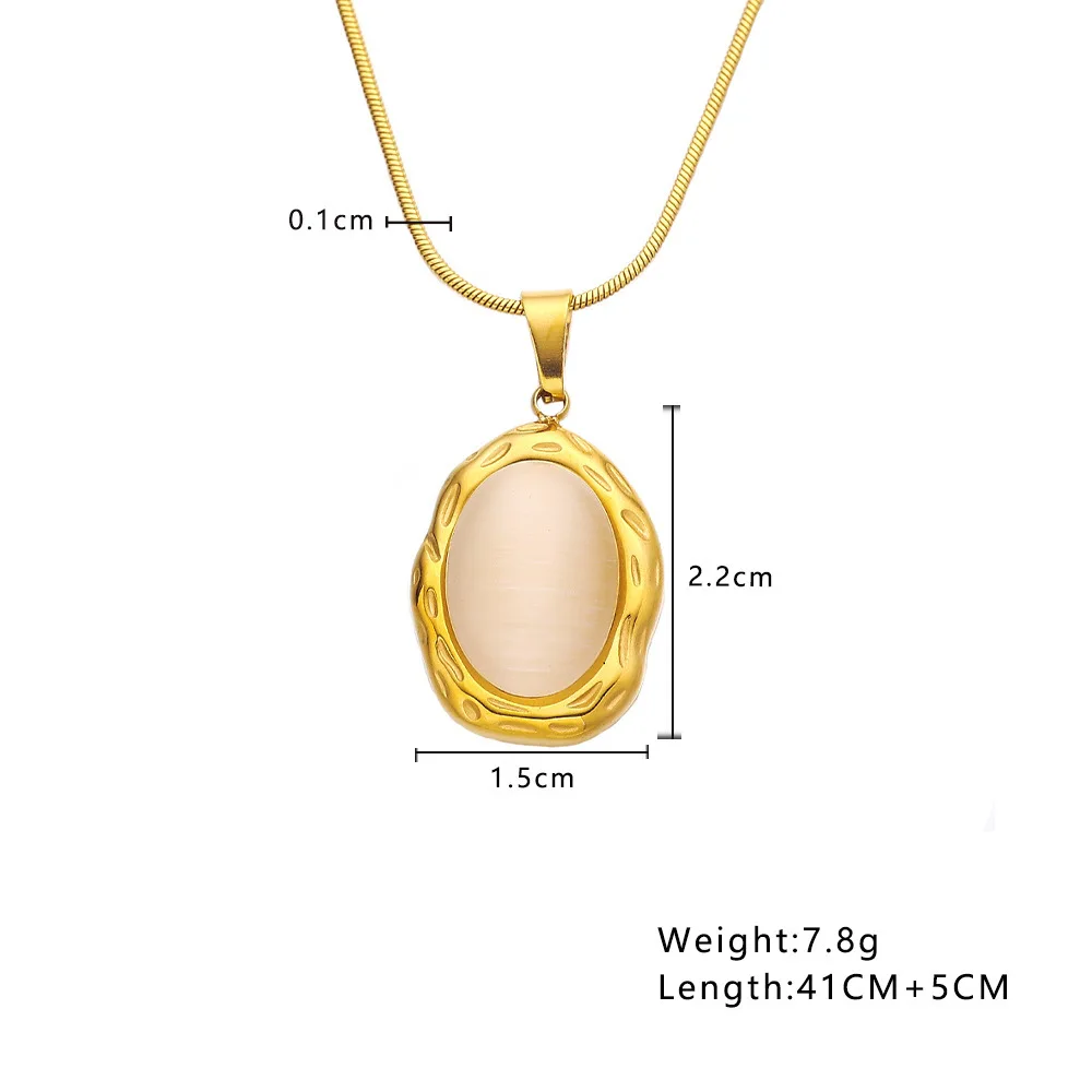 الفاخرة 18K مطلية بالذهب الفولاذ المقاوم للصدأ البيضاوي الشكل الأبيض القط العين أوبال حجر قلادة قلادة الأزياء والمجوهرات