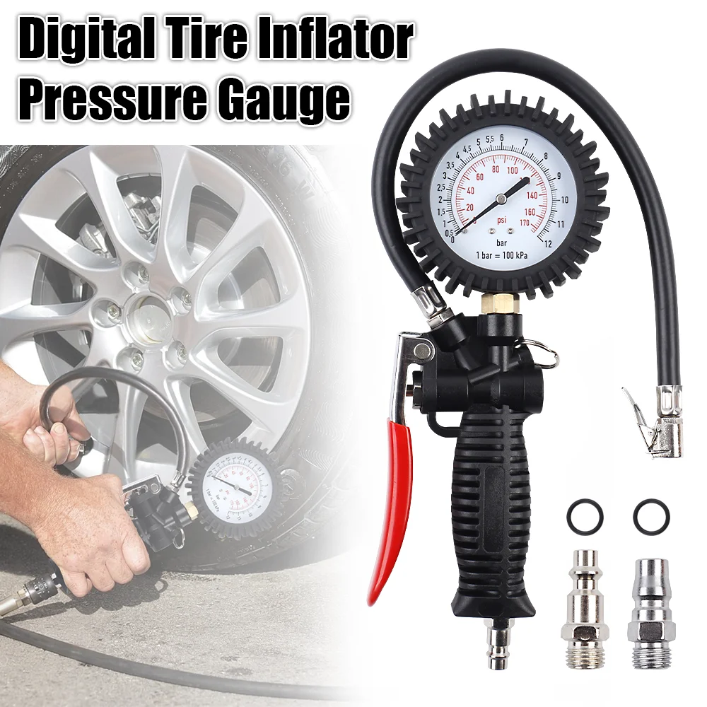 

Пневматический пистолет для измерения давления в шинах с высокоточным механическим манометром (0-170 psi) интерфейс EU/JP/US, подходит для автомобилей, мотоциклов и т. д., требует использования с воздушным компрессором