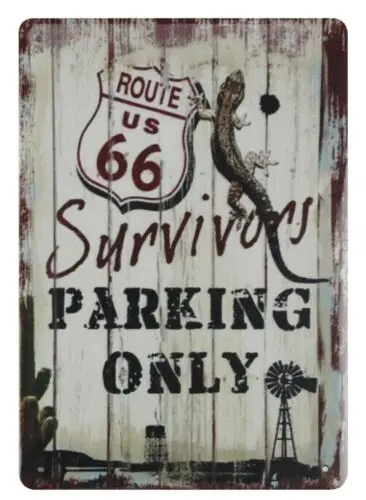 Route us 66 Survivors parking only tin metal sign in interior design