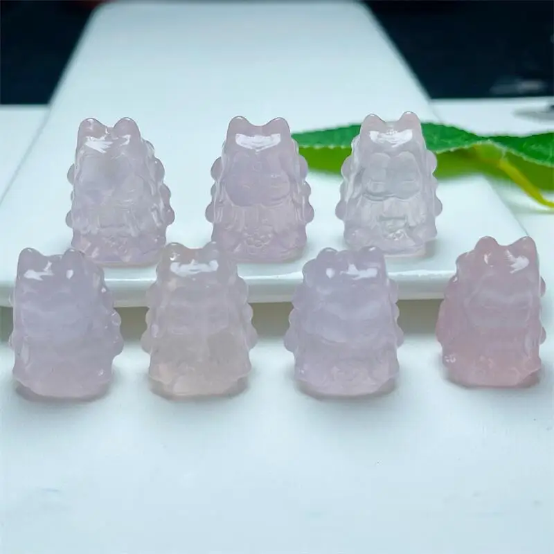 3PCS Natural Rose Quartz Fox Fairy Carving Crystal Crafts Energy Gemstone Healing Stone Crystal Carved Plant Gift 23MM