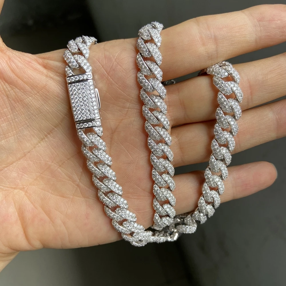 Jewelry 10MM Width 925 Silver White Gold Plated Iced Out VVS1 White D Moissanite Cuban Link Chain Necklace