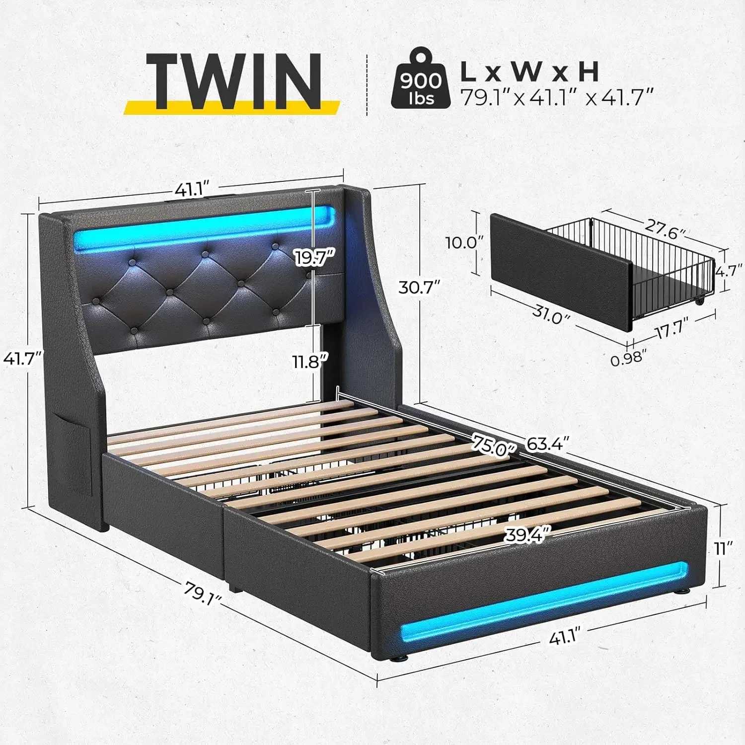 Twin Bed Frame with LED Lights and Charging Station, PU Leather Bed with Drawers, Wooden Slats, Noise Free, Easy Assem