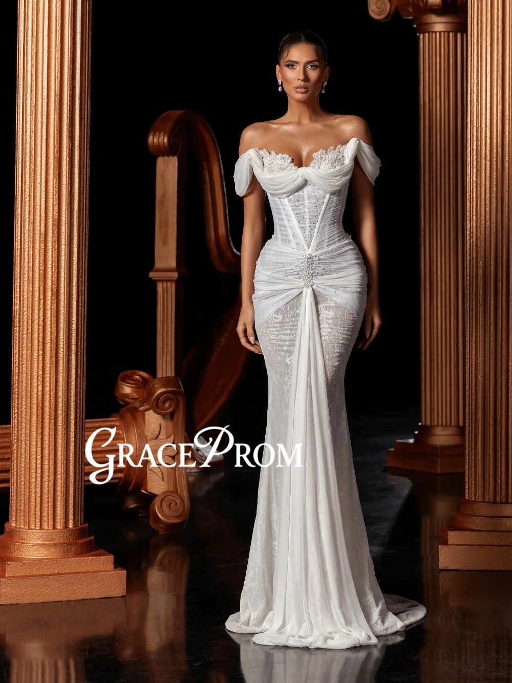 

Softly Layered Ruched Tulle Mermaid Wedding Dress Elegant Off Shoulder Dreamy Lace Pearls Customized Stunning Bridal Gown