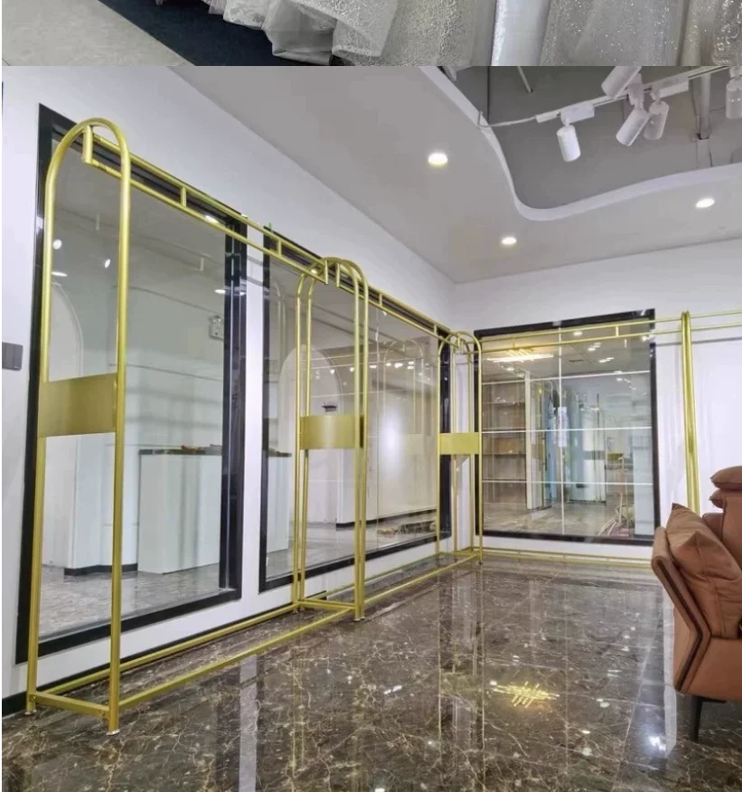 

Wedding display rack, floor to ceiling qipao show and studio exclusive double layered rack for hanging suits, gold studio shelf