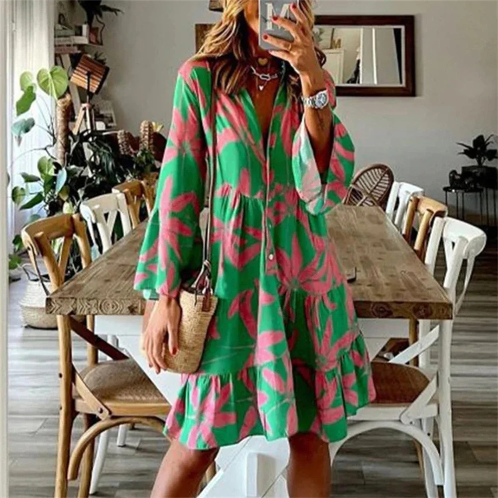 

Autumn Boho Vacation Shirt Dresses For Women Sexy V-neck Flare Sleeve Elegant Ruffles Print Dress Spring Casual Loose Dress