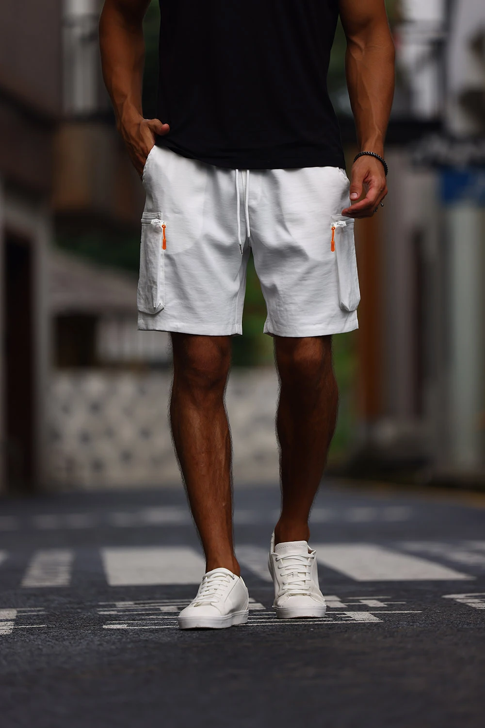 White Zipper Cargo Shorts With Contrast Pockets for Men