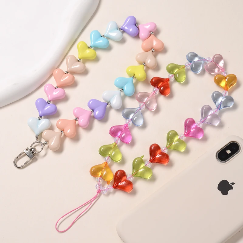 Fashion Acrylic Cellphone Chains Anti-Lost Women Girls Colorful Heart Shape Beaded Mobile Phone Chain Lanyard keychain Jewelry