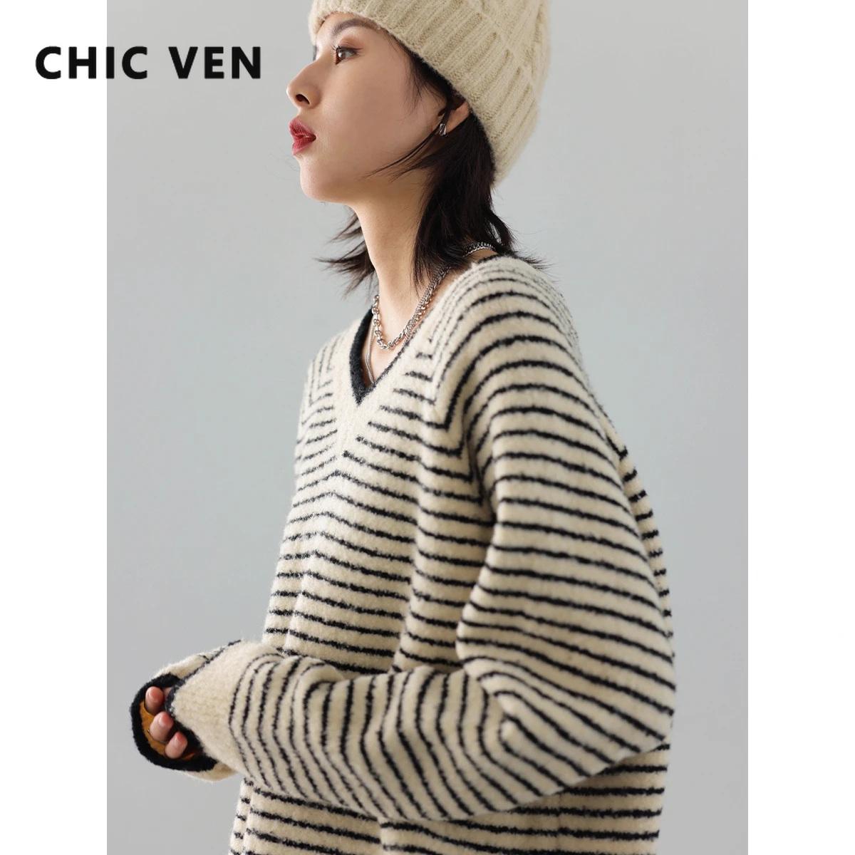 

CHIC VEN Women Jumpers Korean Casual V-neck Raglan Sleeve Contrast Stripe Woolen Knitted Female Sweater Autumn Winter 2023