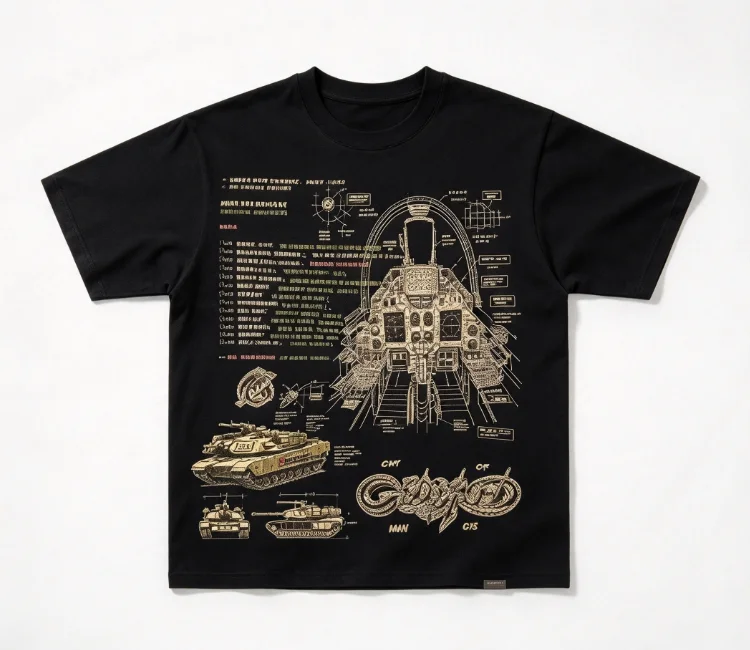 2026 new Tank Structure Blueprint Technical Drawing Graphic T Shirt Unisex Black Short Sleeve Streetwear Casual Loose Daily Top