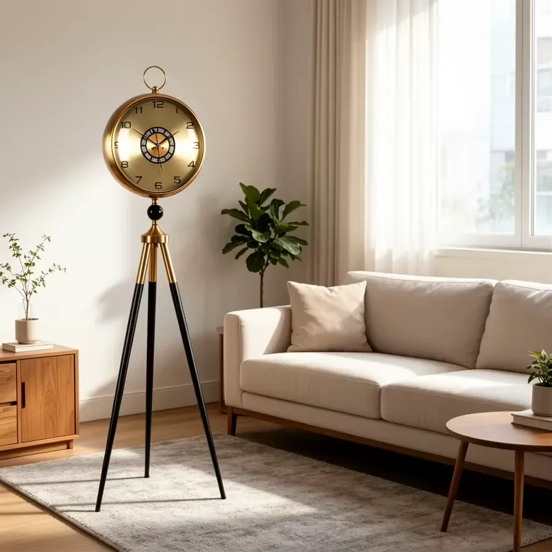Black Gold Tripod Floor Clock Art Decor Standing Floor Watch Premium Metal Craft Floor Clock for Living Room Entrance Decor