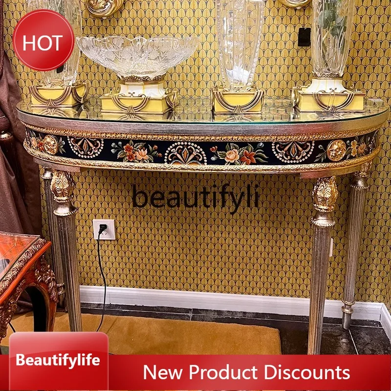 

A163 French multi-layer solid wood hand-painted semi-circular entrance table foyer decorative entrance table