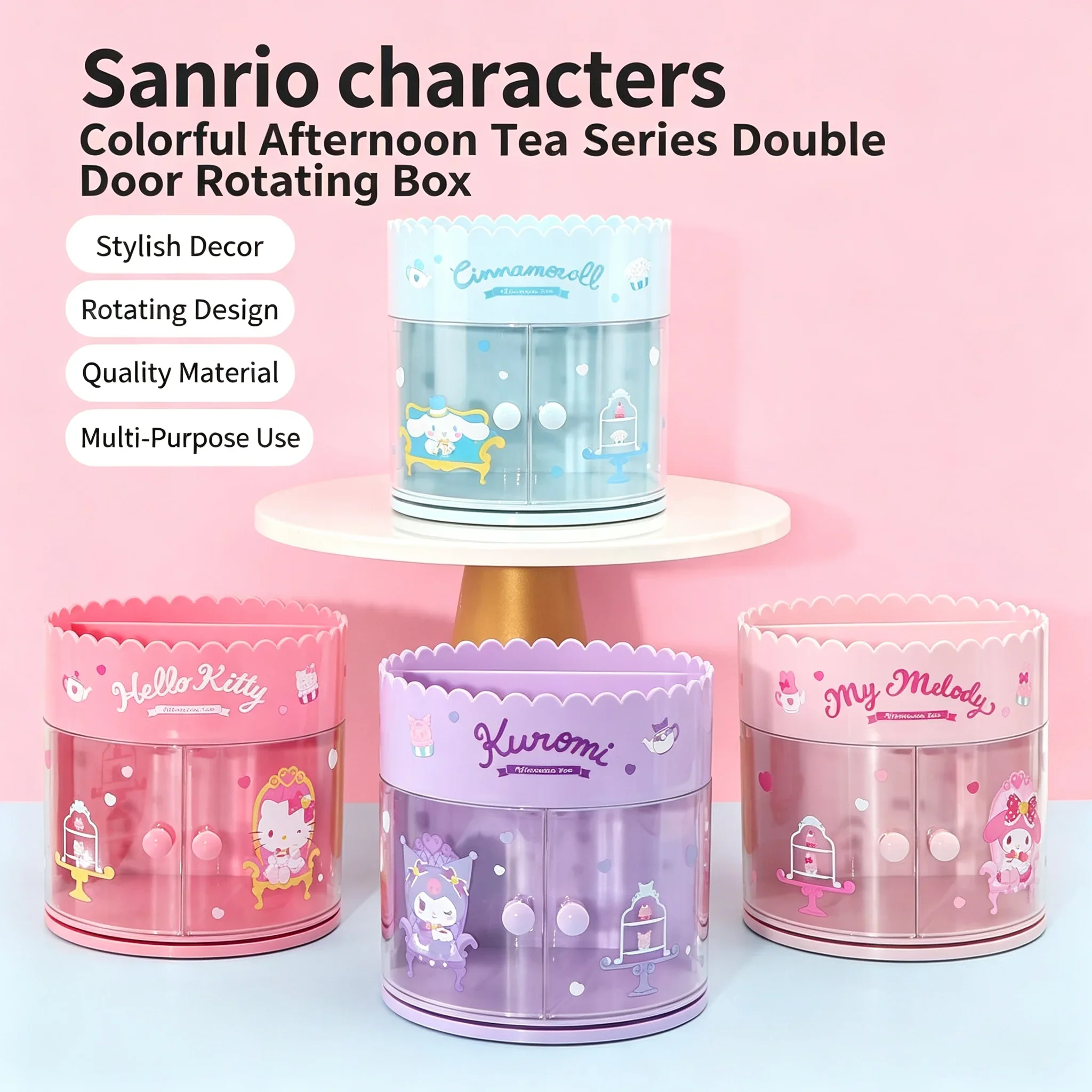 Kawaii Kuromi My Melody Rotating Desktop Storage Box Cute Cartoon Cosmetic Organizer With Transparent Drawer For Makeup