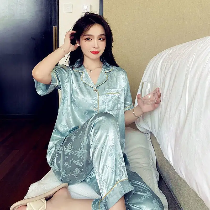 

Летний тонкий комплект одежды ort Sve с длинными брюками для женщин, свободная домашняя одежда из ледяного шелка, Sli, новая весенняя коллекция 2025 года