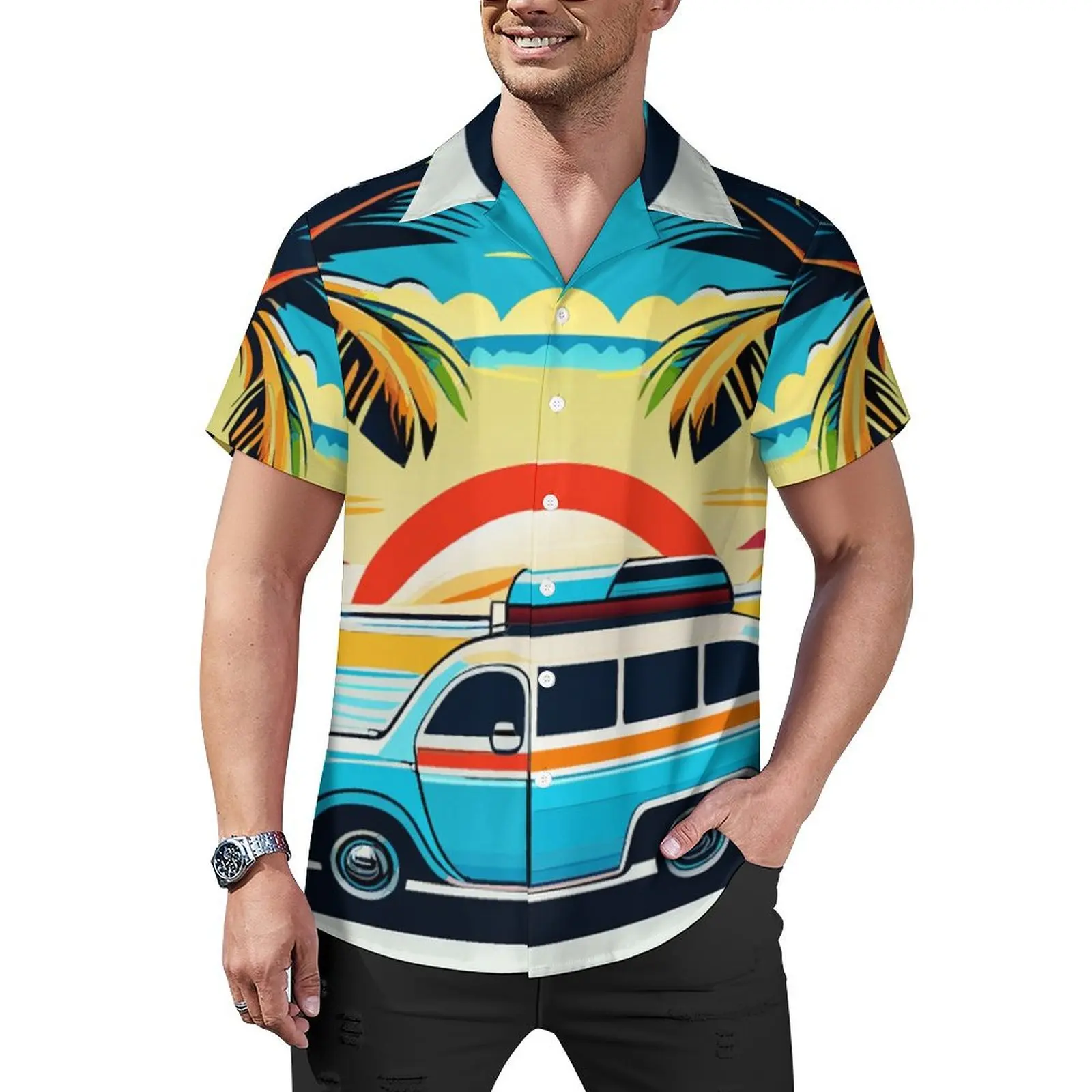 Palms Tree Beach Shirt Ocean Summer Vacation Surf Hawaii Casual Shirts Man Novelty Blouses Short Sleeves Harajuku Custom Top