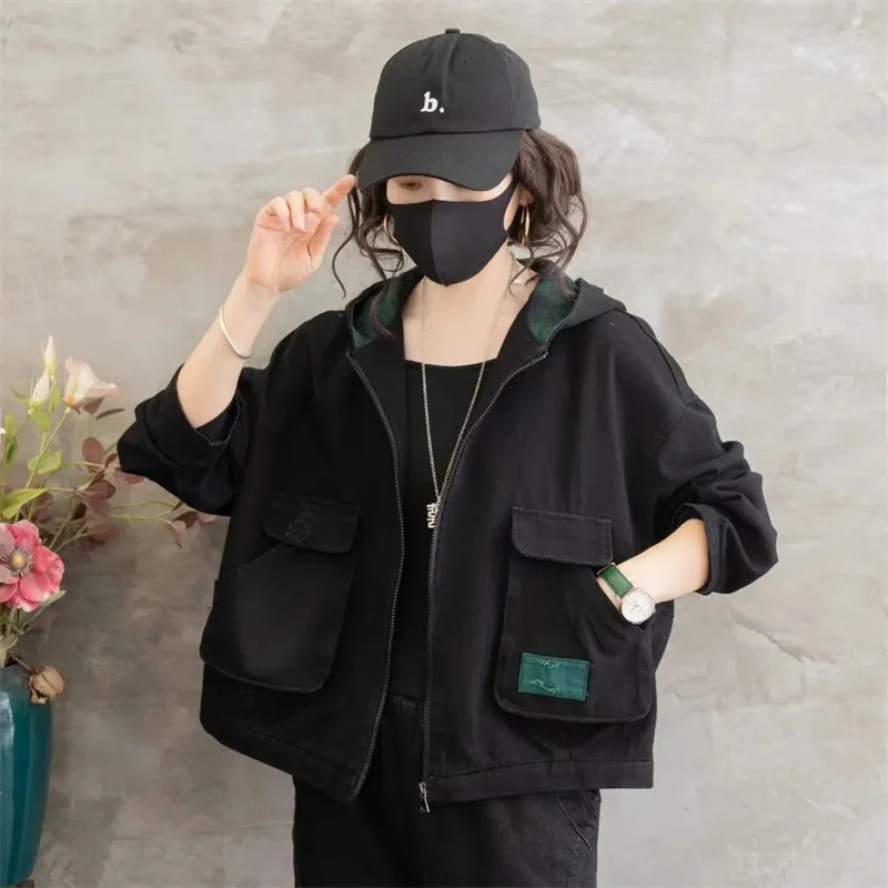 Retro Femme Hooded Short Jeans Jacket Female Zipper Splicing Together Denim Outwear Spring Autumn Women Work Clothes Cowboy Coat