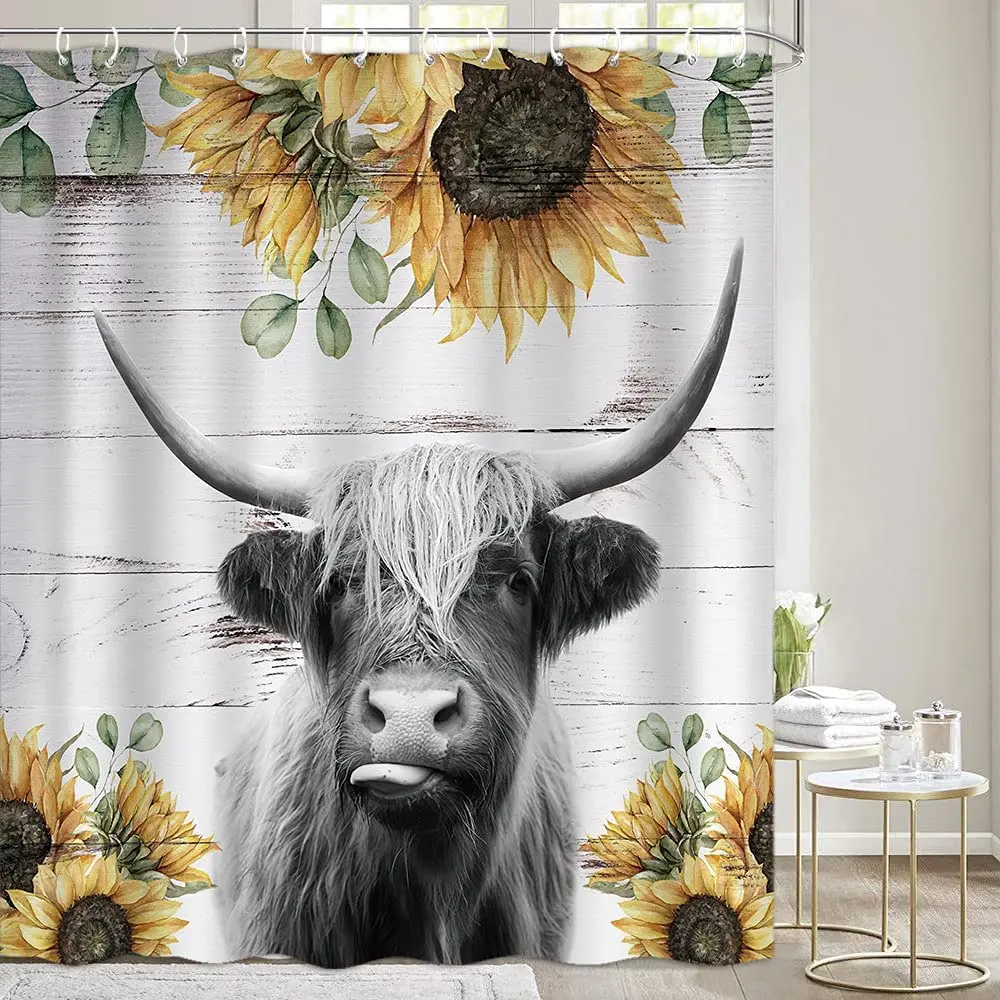 

Cow Shower Curtains Sets For Bathroom Funny Rustic Farmhouse Cattle Bull Farm Animal With Sunflower On Rustic Wooden Fabric