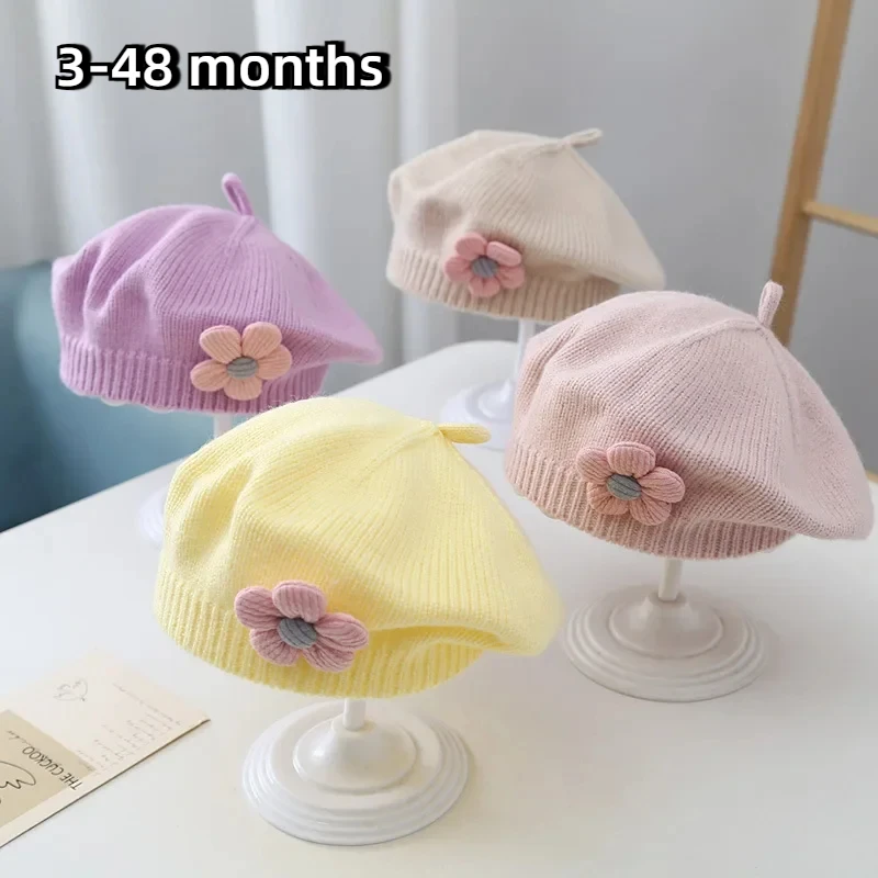 Fashion Cute Baby Knitted Beret Hat Solid Color Flower Children\'s Warm Hats Autumn Winter Cap for Kid Outdoor Bonnet Accessories