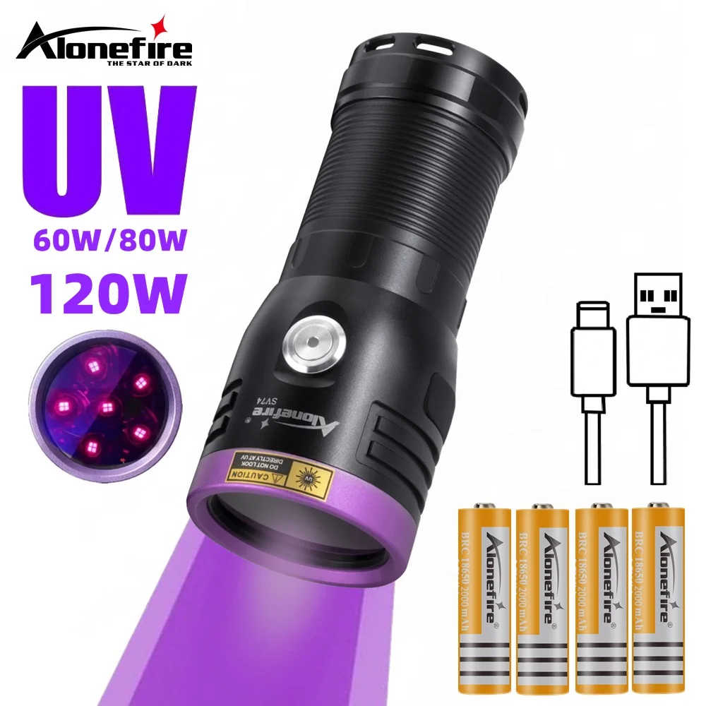 lanterna uv tocha ultravioleta blacklight carregamento usb cura dinheiro ore escorpiao detector de manchas sv74 120w 80w 60w 365nm 01